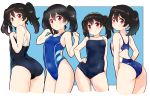  1girl ass bare_shoulders black_hair blue_background blue_swimsuit breasts closed_mouth competition_swimsuit covered_navel cropped_legs hand_on_hip highres kurokawa_makoto long_hair looking_at_viewer looking_back love_live! love_live!_school_idol_project multiple_views one-piece_swimsuit red_eyes small_breasts swimsuit twintails two-tone_background white_background yazawa_nico 