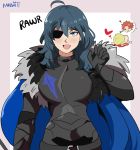  1girl 2boys absurdres armor black_eyepatch blonde_hair blood blood_stain blue_eyes blue_hair blush breasts byleth_(fire_emblem) byleth_eisner_(female) cape chibi chibi_inset cosplay dimitri_alexandre_blaiddyd dimitri_alexandre_blaiddyd_(cosplay) eyepatch fire_emblem fire_emblem:_three_houses fur_trim gao gloves happy heart highres karbuitt large_breasts long_hair long_sleeves looking_at_viewer multiple_boys nosebleed open_mouth paw_pose redhead short_hair signature simple_background smile sylvain_jose_gautier timeskip white_background 