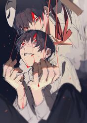  2boys black_background black_hair blood blood_on_face bloody_hands eyebrows_visible_through_hair eyes_visible_through_hair fingernails highres mask mask_on_head multiple_boys original parted_lips red_eyes red_neckwear sakusya2honda simple_background sketch string sweat teeth 