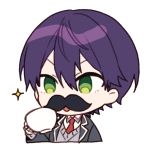  1boy bandaged_hands bandages bangs black_jacket blazer chibi collared_shirt cropped_torso cup eyebrows_behind_hair fake_facial_hair fake_mustache green_eyes grey_sweater hair_between_eyes holding holding_cup jacket kenmochi_touya long_sleeves male_focus necktie nijisanji open_blazer open_clothes open_jacket parted_lips purple_hair red_neckwear school_uniform shirt simple_background sleeves_past_wrists solo sparkle sweater teacup upper_body v-shaped_eyebrows virtual_youtuber white_background white_shirt yamabukiiro 