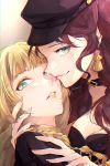  2girls black_headwear blonde_hair brown_hair choker closed_mouth dorothea_arnault earrings fire_emblem fire_emblem:_three_houses from_side green_eyes hat highres imaing ingrid_brandl_galatea jewelry long_hair multiple_girls parted_lips smile twitter_username 