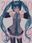  1girl 39 2020 armpits bare_shoulders black_legwear black_skirt blue_eyes blue_hair blue_neckwear blush breasts collared_shirt cowboy_shot dated detached_sleeves eyelashes grey_background grey_shirt hair_between_eyes hands_up happy hatsune_miku headset highres legs_apart long_hair looking_to_the_side necktie number p2_(uxjzz) parted_lips pleated_skirt shaded_face shiny shiny_clothes shiny_legwear shirt shoulder_tattoo simple_background skirt sleeveless sleeveless_shirt small_breasts smile solo standing tattoo teeth thigh-highs twintails very_long_hair vocaloid zettai_ryouiki 