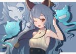  1girl ;d animal_ears armpits bangs bare_arms bare_shoulders blush breasts brown_eyes ear_piercing erune eyebrows_behind_hair ferry_(granblue_fantasy) granblue_fantasy grey_background grey_hair long_hair looking_at_viewer medallion one_eye_closed open_mouth piercing shirt sleeveless sleeveless_shirt small_breasts smile solo two-tone_background uneg upper_body white_shirt zoom_layer 
