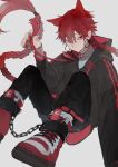  1boy animal_ears bishounen braid chain closed_mouth cuffs earrings fingernails grey_background highres holding holding_hair hoop hoop_earrings jewelry long_hair male_focus original ponytail red_eyes red_footwear red_nails redhead sakusya2honda shackles shoes simple_background sneakers solo very_long_hair 