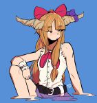  1girl belt black_belt blue_background bow bowtie breasts brown_eyes brown_hair brown_horns buttons closed_mouth expressionless feet_out_of_frame hair_bow highres horn_bow horn_ornament horns ibuki_suika long_hair looking_afar looking_to_the_side purple_bow purple_skirt red_bow red_bowtie shirt simple_background skirt sleeveless sleeveless_shirt small_breasts solo the_t thick_eyebrows torn_clothes torn_sleeves touhou very_long_hair white_shirt wrist_cuffs 