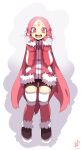  1girl absurdres bike_shorts blush coat dated facial_mark fang forehead_mark full_body galaxy! highres long_hair looking_at_viewer mittens open_mouth pink_eyes pink_hair red_legwear rera-terra rtari signature smile solo thigh-highs very_long_hair 