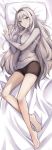  1girl an-94_(girls_frontline) black_shorts blonde_hair blue_eyes commission dakimakura defy_(girls_frontline) girls_frontline grey_shirt hairband jewelry legs long_hair looking_at_viewer lying niac ring shirt shorts solo 