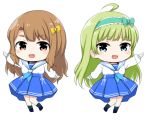  2girls :d ahoge bangs blue_bow blue_eyes blue_footwear blue_hairband blue_neckwear blue_skirt blush bow brown_eyes brown_hair chibi cleasky eyebrows_visible_through_hair green_hair green_legwear hairband idolmaster idolmaster_million_live! idolmaster_million_live!_theater_days lockheart long_hair long_sleeves miyao_miya multiple_girls neckerchief open_mouth outstretched_arm pleated_skirt puffy_long_sleeves puffy_sleeves sailor_collar school_uniform serafuku shimabara_elena shirt shoes simple_background skirt sleeves_past_wrists smile socks standing standing_on_one_leg thick_eyebrows very_long_hair white_background white_sailor_collar white_shirt 