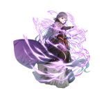  1girl :o absurdly_long_hair artist_request black_dress black_feathers book cape casting_spell dress eyebrows_visible_through_hair feathers fire_emblem fire_emblem_heroes hair_between_eyes holding holding_book long_dress long_hair magic official_art outstretched_hand purple_hair solo sophia_(fire_emblem) very_long_hair violet_eyes 