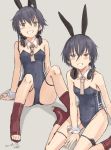  2girls adapted_costume animal_ears artist_name ascot asymmetrical_hair beige_neckwear black_hair black_leotard boots brown_eyes bunny_tail bunnysuit character_name dated detached_collar grey_background hair_between_eyes headphones headphones_around_neck high_heel_boots high_heels i-13_(kantai_collection) i-14_(kantai_collection) kantai_collection kawashina_(momen_silicon) leotard looking_at_viewer multiple_girls open_toe_shoes rabbit_ears shadow short_hair simple_background sitting strapless strapless_leotard tail wrist_cuffs 