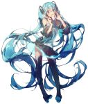  1girl absurdly_long_hair absurdres aqua_eyes aqua_hair aqua_neckwear bare_shoulders black_legwear black_skirt black_sleeves commentary contrapposto detached_sleeves full_body hair_ornament hands_up hatsune_miku hatsune_miku_(vocaloid4)_(chinese) headphones headset highres holding holding_microphone huge_filesize long_hair looking_at_viewer microphone mikka620 neon_trim open_mouth pleated_skirt shirt shoulder_tattoo skirt sleeveless sleeveless_shirt smile solo symbol_commentary tattoo thigh-highs twintails very_long_hair vocaloid white_background white_shirt zettai_ryouiki 