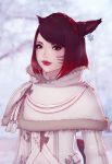  1girl animal_ears aqua_eyes blurry blurry_background capelet cat_ears cat_tail coat commission earrings english_commentary final_fantasy final_fantasy_xiv fur_trim jewelry lips looking_at_viewer miqo&#039;te mole mole_under_eye outdoors redhead short_hair solo soranamae tail upper_body 