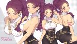  1girl adapted_uniform blush breasts brown_eyes dark_skin fire_emblem fire_emblem:_three_houses garreg_mach_monastery_uniform large_breasts leaf98k long_hair multiple_views petra_macneary purple_hair sideboob tagme tattoo 