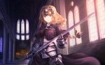  1girl armor armored_dress bangs blonde_hair braid candle capelet chain church cross day doora_(dora0913) fate/apocrypha fate_(series) gauntlets grey_eyes headpiece holding holding_sword holding_weapon indoors jeanne_d&#039;arc_(fate) jeanne_d&#039;arc_(fate)_(all) long_hair looking_at_viewer single_braid smile solo standing sword tiara weapon window 