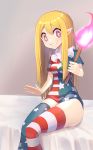  1girl alternate_legwear american_flag_dress american_flag_legwear bed_sheet blonde_hair breasts clownpiece dress grin holding long_hair looking_at_viewer neck_ruff no_headwear no_wings sharp_teeth short_dress short_sleeves sitting small_breasts smile solo star star-shaped_pupils star_print striped symbol-shaped_pupils teeth thigh-highs torch touhou violet_eyes z.o.b 