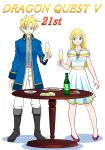  1boy 1girl alcohol alternate_costume bare_shoulders bella_(dq5) black_footwear blonde_hair blue_coat blue_eyes boots champagne champagne_bottle champagne_flute coat collarbone commentary_request copyright_name cup dragon_quest dragon_quest_v dress drinking_glass eyebrows_visible_through_hair food hair_between_eyes hero&#039;s_daughter_(dq5) hero&#039;s_son_(dq5) holding holding_cup long_hair looking_at_viewer off-shoulder_dress off_shoulder older pants piyori_(miko0126) plate purple_footwear short_dress simple_background smile spiky_hair table white_background white_dress white_pants 