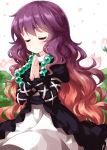  1girl beads blush brown_hair closed_eyes dress floating_petals flower gradient_hair highres hijiri_byakuren kneeling layered_dress lily_pad long_hair lotus multicolored_hair praying purple_hair ruu_(tksymkw) solo touhou turtleneck wavy_hair 