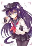  1girl akatsuki_(kantai_collection) anchor_symbol black_skirt blush flat_cap hair_between_eyes hair_ornament hat highres hizaka kantai_collection long_hair looking_at_viewer messy_hair neckerchief open_mouth pantyhose pleated_skirt purple_hair red_neckwear school_uniform serafuku simple_background skirt smile solo twitter_username v violet_eyes white_background 