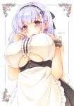  1girl apron azur_lane bangs bare_shoulders black_hairband blush breasts crying crying_with_eyes_open dido_(azur_lane) earrings eyebrows_visible_through_hair frills hairband highres jewelry large_breasts long_hair looking_at_viewer maid marker_(medium) silky_(silky_alice) silver_hair sleeveless solo tears traditional_media under_boob underboob_cutout violet_eyes waist_apron white_apron 