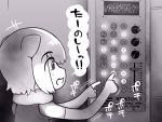  1girl abubu animal_ears arai-san_mansion buttons commentary dial elbow_gloves elevator fingerless_gloves fur_collar gloves greyscale indoors kemono_friends monochrome outstretched_arms outstretched_hand playing pointing pressing short_hair sidelocks sleeveless small-clawed_otter_(kemono_friends) solo speech_bubble translated upper_body 