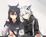  2girls animal_ear_fluff animal_ears arknights bangs black_capelet black_gloves black_hair black_jacket brown_eyes cake capelet eyebrows_visible_through_hair fingerless_gloves food fork fruit gloves grey_background grey_eyes grin hair_between_eyes hair_ornament hairclip hand_up highres holding holding_fork id_card jacket jibajiu lappland_(arknights) long_hair long_sleeves looking_at_viewer multiple_girls parted_lips plate silver_hair smile strawberry tail texas_(arknights) upper_body white_jacket wolf_ears wolf_tail 