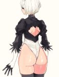  1girl ass back back_cutout black_blindfold blindfold cowboy_shot feather-trimmed_sleeves from_behind juliet_sleeves leotard long_sleeves mellow_rag mole mole_under_mouth nier_(series) nier_automata profile puffy_sleeves shoulder_blades silver_hair simple_background skindentation solo thigh-highs thong_leotard white_background white_leotard yorha_no._2_type_b 