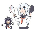  2girls absurdres akatsuki_(kantai_collection) anchor_symbol black_hair black_headwear black_sailor_collar black_skirt blue_eyes cheno_(amakuchi_mustard) commentary_request cowboy_shot flat_cap hat hat_removed headwear_removed hibiki_(kantai_collection) highres holding holding_hat kantai_collection long_hair multiple_girls neckerchief o_o pointing red_neckwear sailor_collar school_uniform serafuku silver_hair simple_background skirt white_background white_headwear 