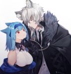  1boy 1girl animal_ears arknights blue_hair breasts female_doctor_(arknights) fur_collar headband highres leopard_ears long_coat medium_breasts red_eyes rirene_rn silverash_(arknights) sleeveless touching_another&#039;s_chin white_hair 