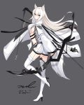  1girl animal_ears arknights arrow boots bow_(weapon) breasts dated floating_hair from_side full_body grey_background high_heel_boots high_heels highres holding holding_arrow holding_bow_(weapon) holding_weapon large_breasts leg_up long_hair long_sleeves looking_at_viewer no_bra platinum_(arknights) shirt short_shorts shorts sideboob signature simple_background solo standing standing_on_one_leg thigh-highs thigh_boots twitter_username unel weapon white_hair white_shirt white_shorts yellow_eyes 