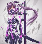  1girl arms_at_sides bodysuit breasts grey_background highres long_hair looking_at_viewer mask mecha_musume ninja_mask original pink_eyes ponytail purple_hair science_fiction sheath sheathed shiny shiny_clothes skin_tight small_breasts solo sword weapon yumikoyama49 