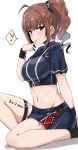  1girl ahoge black_shirt black_shorts blush body_writing breasts brown_eyes brown_hair closed_mouth crop_top finger_to_mouth groin hand_up heart idolmaster idolmaster_million_live! idolmaster_million_live!_theater_days knee_up lockheart long_hair medium_breasts midriff navel ringlets shadow shirt short_shorts short_sleeves shorts side_ponytail sidelocks sitting smile solo spoken_heart thigh_strap white_background yokoyama_nao 