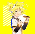  +++ 1boy :p black_collar black_sleeves blonde_hair closed_eyes collar commentary detached_sleeves doodle eclair_(food) ei_flow english_commentary facing_viewer food from_side hands_up headphones highres holding holding_food kagamine_len male_focus necktie ok_sign sailor_collar school_uniform shirt short_ponytail short_sleeves smile solo spiky_hair tongue tongue_out vocaloid white_shirt yellow_background yellow_neckwear 