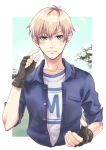  1boy black_gloves blonde_hair blue_eyes blush day fingerless_gloves frown gloves harvest_moon harvest_moon:_friends_of_mineral_town hisayo_pic looking_at_viewer male_focus outdoors solo sweatdrop upper_body 