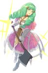  1girl axe dress fire_emblem fire_emblem:_three_houses flayn_(fire_emblem) green_eyes green_hair hair_ornament hakou_(barasensou) highres holding holding_axe long_hair open_mouth simple_background solo white_background 