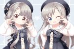  2girls ;d absurdres anchor bangs beret black_bow black_dress black_headwear black_ribbon blue_eyes blush bow braid brown_eyes chain double_w dress earrings eyebrows_visible_through_hair grey_hair hair_ribbon hands_up hat head_tilt highres hisakawa_hayate hisakawa_nagi idolmaster idolmaster_cinderella_girls idolmaster_cinderella_girls_starlight_stage jewelry looking_at_viewer low_twintails matching_outfit multiple_girls one_eye_closed open_mouth parted_lips pocopocoing ribbon sailor_collar shirt siblings sisters smile sparkle strapless strapless_dress twins twintails v_over_eye w white_sailor_collar white_shirt 