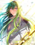  1boy backlighting bangs blurry blurry_foreground blush chain closed_mouth collared_shirt commentary_request crying crying_with_eyes_open depth_of_field eyebrows_visible_through_hair fate/grand_order fate_(series) green_hair hair_between_eyes highres kingu_(fate) long_hair looking_at_viewer male_focus rijjin shirt solo tears upper_body very_long_hair violet_eyes white_shirt 