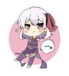  ... 1girl :t anger_vein artist_name bangs bare_shoulders barefoot blush_stickers bow chibi closed_mouth commentary_request crossed_arms detached_sleeves dress earrings eyebrows_visible_through_hair fate/grand_order fate_(series) full_body hair_between_eyes hair_bow jewelry kama_(fate/grand_order) long_sleeves navel pink_background popo_(popopuri) pout purple_dress purple_legwear purple_skirt purple_sleeves red_bow red_eyes see-through signature silver_hair skirt sleeveless sleeveless_dress solo spoken_ellipsis standing standing_on_one_leg two-tone_background white_background 