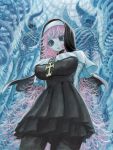  1girl @_@ absurdres arms_behind_back bandaged_arm bandages black_eyes breasts closed_mouth cross cross_necklace highres imomonono indoors jewelry large_breasts long_hair necklace nun original pink_hair pink_lips skeleton skull smile solo standing veins 