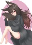  1girl ahoge animal_ear_fluff animal_ears bangs barefoot black_hair black_robe blush brown_hair closed_mouth commentary_request eyebrows_visible_through_hair fox_ears fox_girl fox_tail full_body gradient_hair hair_between_eyes highres leg_hug long_hair long_sleeves multicolored_hair original purple_background red_eyes robe sakuma_hiragi solo tail two-tone_background v-shaped_eyebrows very_long_hair white_background wide_sleeves 