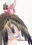  1girl ass backless_dress backless_outfit bangle black_wings bracelet circe_(fate/grand_order) commentary_request dress fate/grand_order fate_(series) feathered_wings from_behind grey_background head_wings headpiece highres holding jewelry looking_away looking_to_the_side pink_hair pointy_ears simple_background solo standing white_dress white_wings wings yunar 
