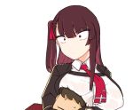  &gt;:( 1boy 1girl :/ bangs black_gloves blunt_bangs braid breast_press breast_rest breasts breasts_on_head brown_hair collared_shirt commander_(girls_frontline) covered_nipples dilated_pupils eyebrows_visible_through_hair faceless faceless_male frown girls_frontline glaring gloves highres hug large_breasts long_hair necktie purple_hair red_eyes red_neckwear ro_(aahnn) shirt side_ponytail simple_background upper_body wa2000_(girls_frontline) white_background 