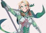  1girl armor blonde_hair blood blood_on_face closed_mouth fire_emblem fire_emblem:_three_houses gloves green_eyes green_gloves holding ingrid_brandl_galatea polearm prrrr333 short_hair simple_background solo upper_body weapon 