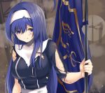  1girl ahoge battle_damage blood blood_from_mouth blue_eyes blue_hair breasts chaesu dress flag hairband huge_ahoge injury long_hair medium_breasts orie_(under_night_in-birth) pole solo torn_clothes under_night_in-birth very_long_hair white_hairband 