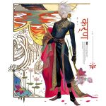  1boy blue_eyes egawa_akira fate/apocrypha fate_(series) flower highres holding holding_flower indian_clothes indian_text karna_(fate) lotus male_focus pale_skin pointy_shoes shawl shoes solo white_hair 