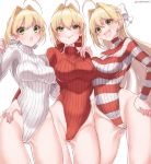  3girls ahoge artist_name ass_visible_through_thighs bangs blonde_hair blush bow braid breast_press breasts eyebrows_visible_through_hair fate/extra fate/extra_ccc fate/grand_order fate_(series) fingernails french_braid green_eyes hair_bow hand_on_hip hand_on_shoulder highleg highleg_leotard highres leotard long_hair long_sleeves looking_at_viewer medium_breasts multiple_girls multiple_persona nero_claudius_(bride)_(fate) nero_claudius_(fate) nero_claudius_(fate)_(all) nero_claudius_(swimsuit_caster)_(fate) open_mouth red_bow red_leotard ribbed_leotard shiny shiny_hair signature simple_background smile striped striped_leotard sweater thighs tied_hair tongue tongue_out turtleneck turtleneck_leotard turtleneck_sweater v-shaped_eyebrows white_background white_bow white_leotard yayoimaka03 