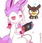  alternate_color artist_name beak bird bow bowtie brown_feathers doubutsu_no_mori fuuta_(doubutsu_no_mori) gen_6_pokemon green_neckwear highres long_eyebrows nervous nintendo_switch no_humans owl pointy_ears pokemon pokemon_(creature) purpleninfy ribbon smirk sparkle sweatdrop sylveon violet_eyes white_background wings 