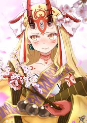  1girl absurdres artist_request blonde_hair blush breasts cherry_blossoms closed_mouth collarbone earrings facial_mark fang fang_out fate/grand_order fate_(series) fingernails forehead forehead_mark hair_pulled_back hair_ribbon highres horns ibaraki_douji_(fate/grand_order) japanese_clothes jewelry kimono long_hair long_sleeves looking_to_the_side oni oni_horns petals pointy_ears red_ribbon ribbon sash sharp_fingernails small_breasts solo tattoo white_ribbon wide_sleeves yellow_eyes yellow_kimono 