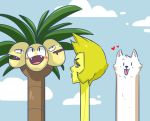  1girl :d alolan_exeggutor alolan_form black_eyes blonde_hair blue_sky blush clouds cloudy_sky creature crossover day dog face fangs gen_7_pokemon heart lesser_dog long_neck looking_at_viewer no_humans open_mouth outdoors pokemon pokemon_(creature) short_hair sky smile steven_universe tonestarr tongue tongue_out trait_connection undertale yellow_diamond_(steven_universe) yellow_eyes yellow_skin 