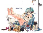  1girl 39 aqua_eyes aqua_hair bangs bathtub blush book bracelet crossed_legs eyebrows_visible_through_hair feet flower grin hair_between_eyes hands_on_headphones hatsune_miku jewelry long_hair looking_at_viewer sakanahen shampoo_bottle sheet_music shirt short_shorts shorts smile soles solo spring_onion transparent_bathtub very_long_hair vocaloid white_background white_shirt 