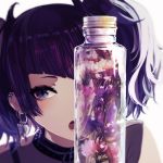  1girl bangs bottle commentary_request diagonal_bangs ear_piercing earrings flower idolmaster idolmaster_shiny_colors jewelry looking_at_viewer minyom open_mouth piercing portrait purple_flower purple_hair simple_background solo tanaka_mamimi twintails violet_eyes white_background white_flower 
